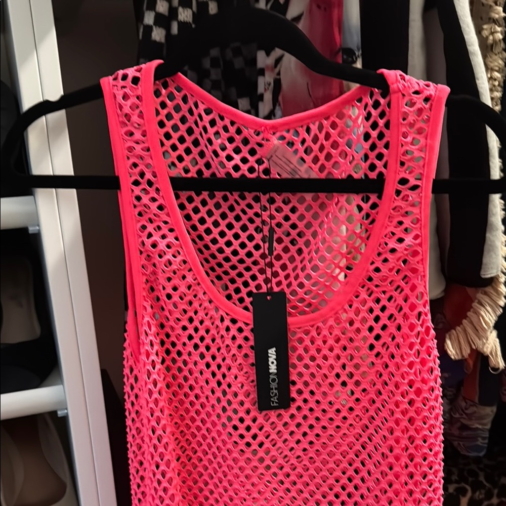 NWT Fashion Nova Pink Mesh Tank dress women’s 1X swim rave beach